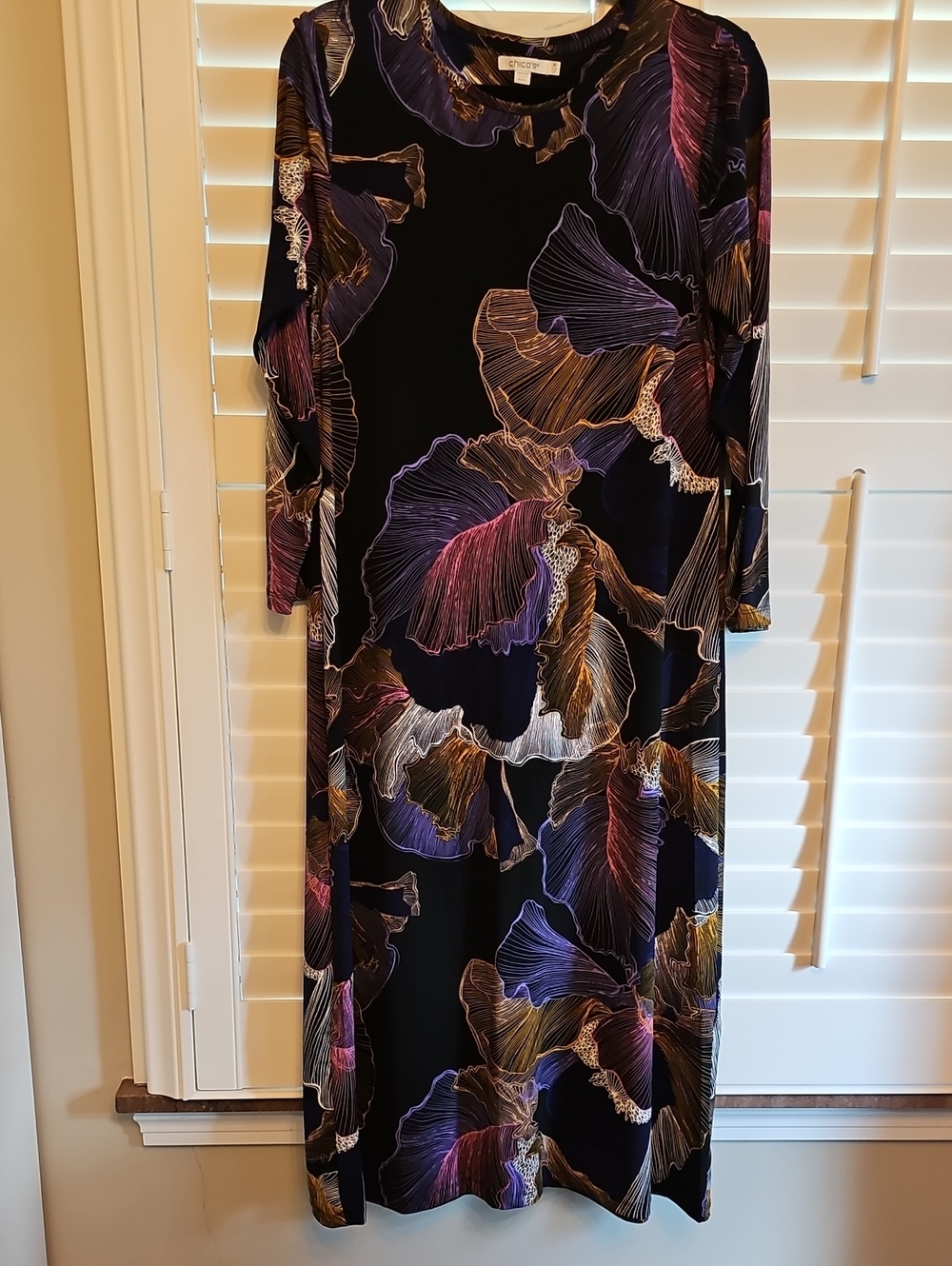 Chico's Black Long Sleeve Floral Wave Maxi Dress with Purple & Gold Accents